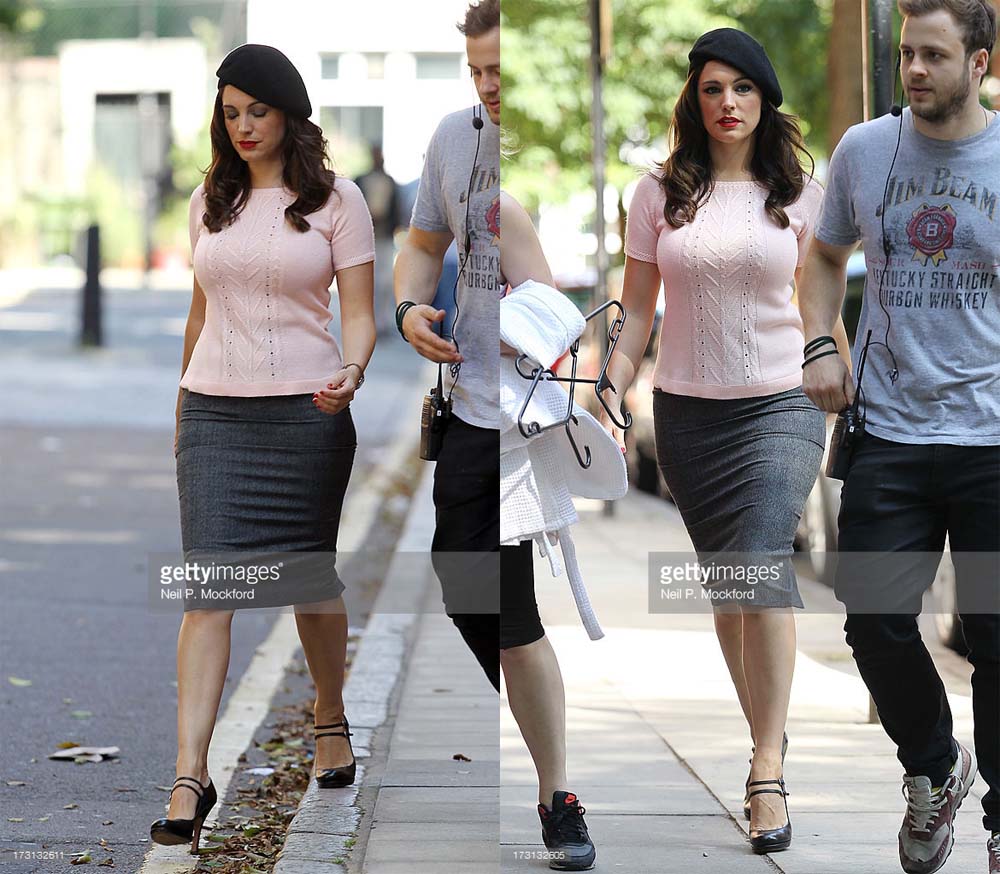 black shoes grey skirt pink top