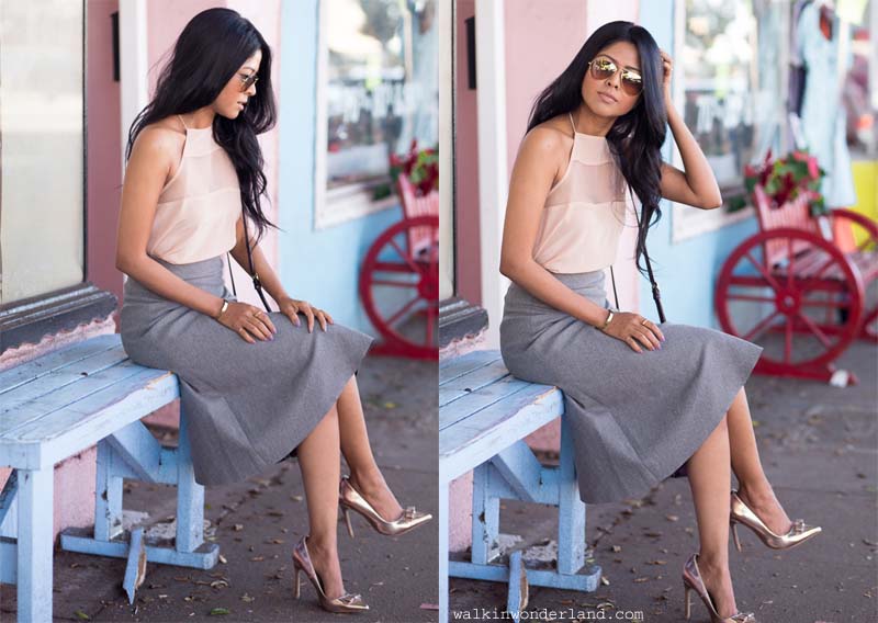 gold shoes grey skirt pink top