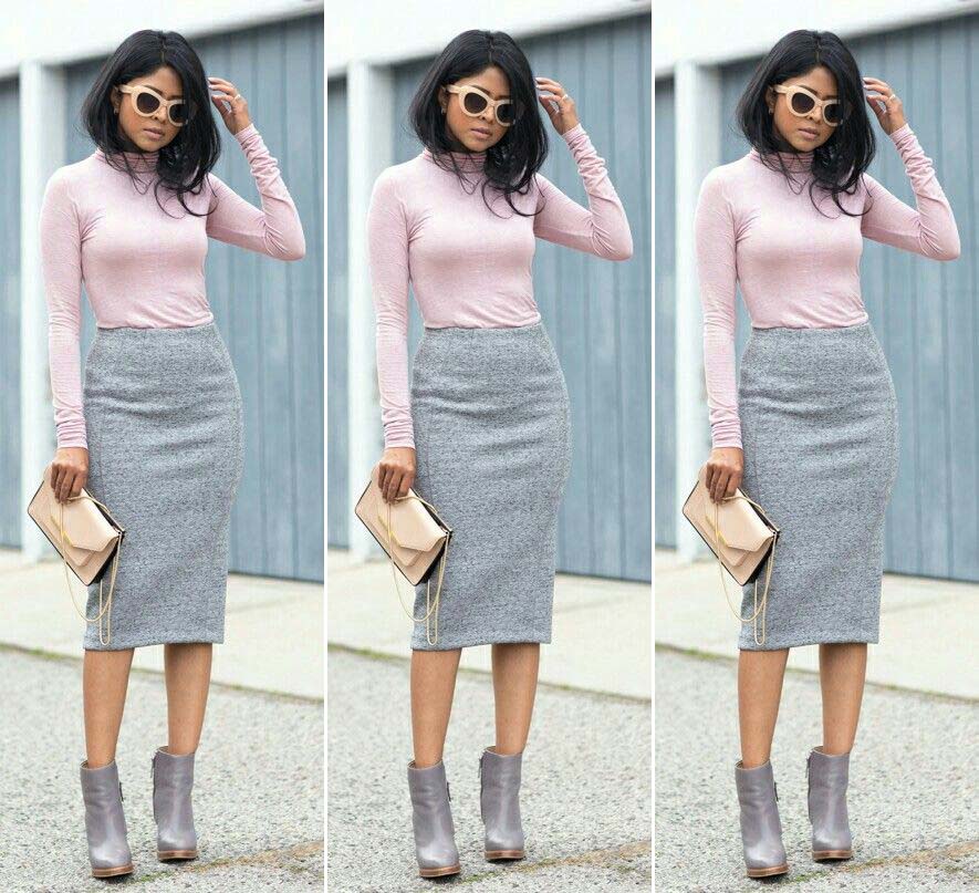 grey shoes grey skirt pink top